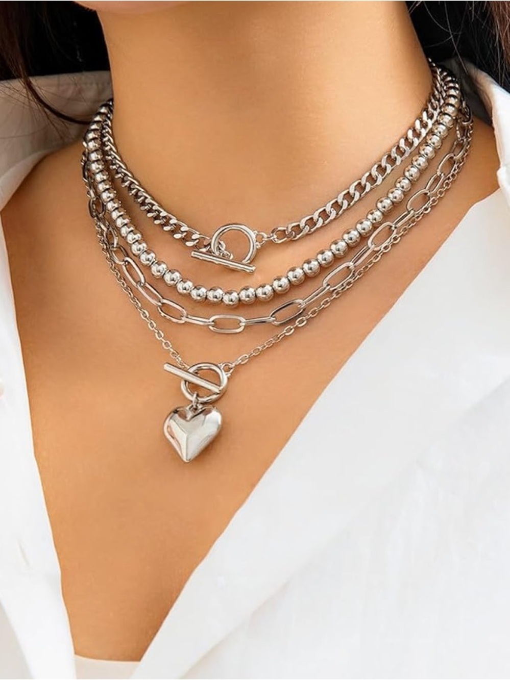 Layered Silver Heart Toggle Necklace - Women Jewelry
